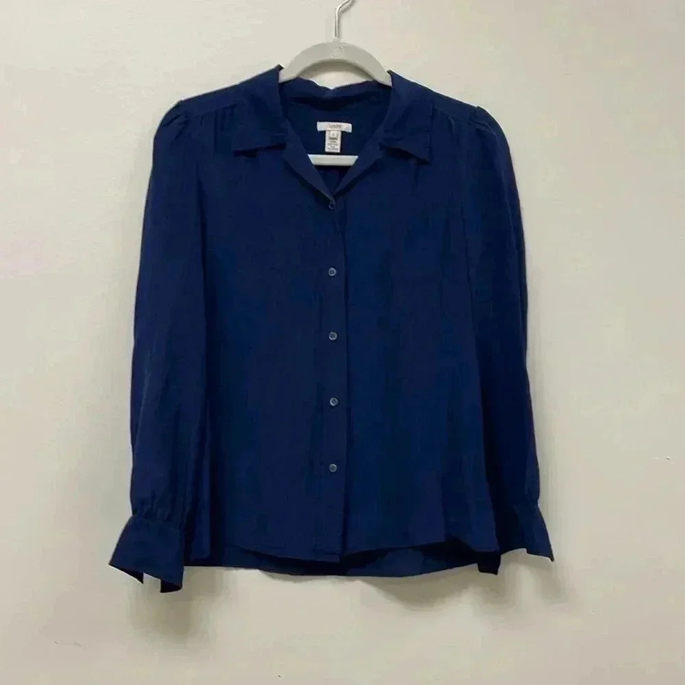 J. CREW 100% SILK  navy long sleeve blouse Button-up front size 2 holiday party